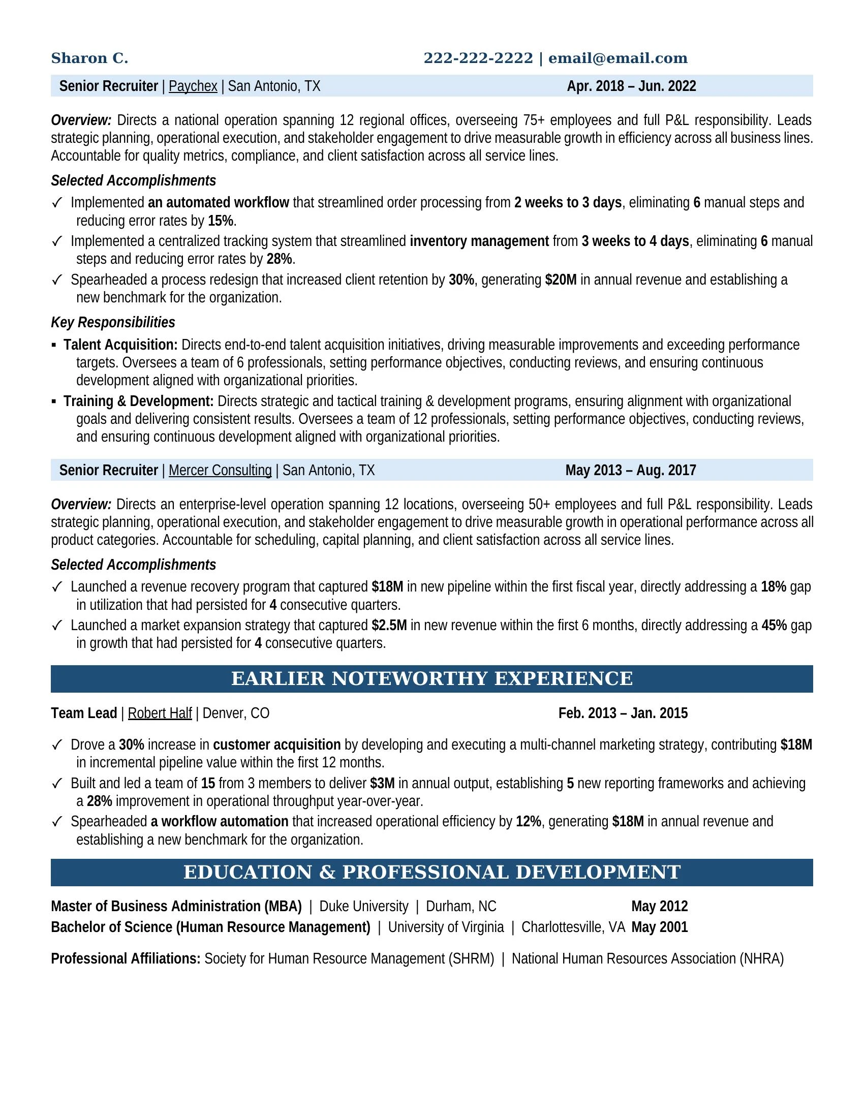 Senior Recruiter Resume Example - Work Experience & Education