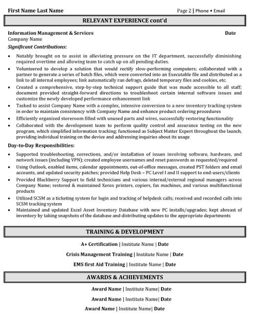 Help Desk Support Resume Sample & Template Page 2