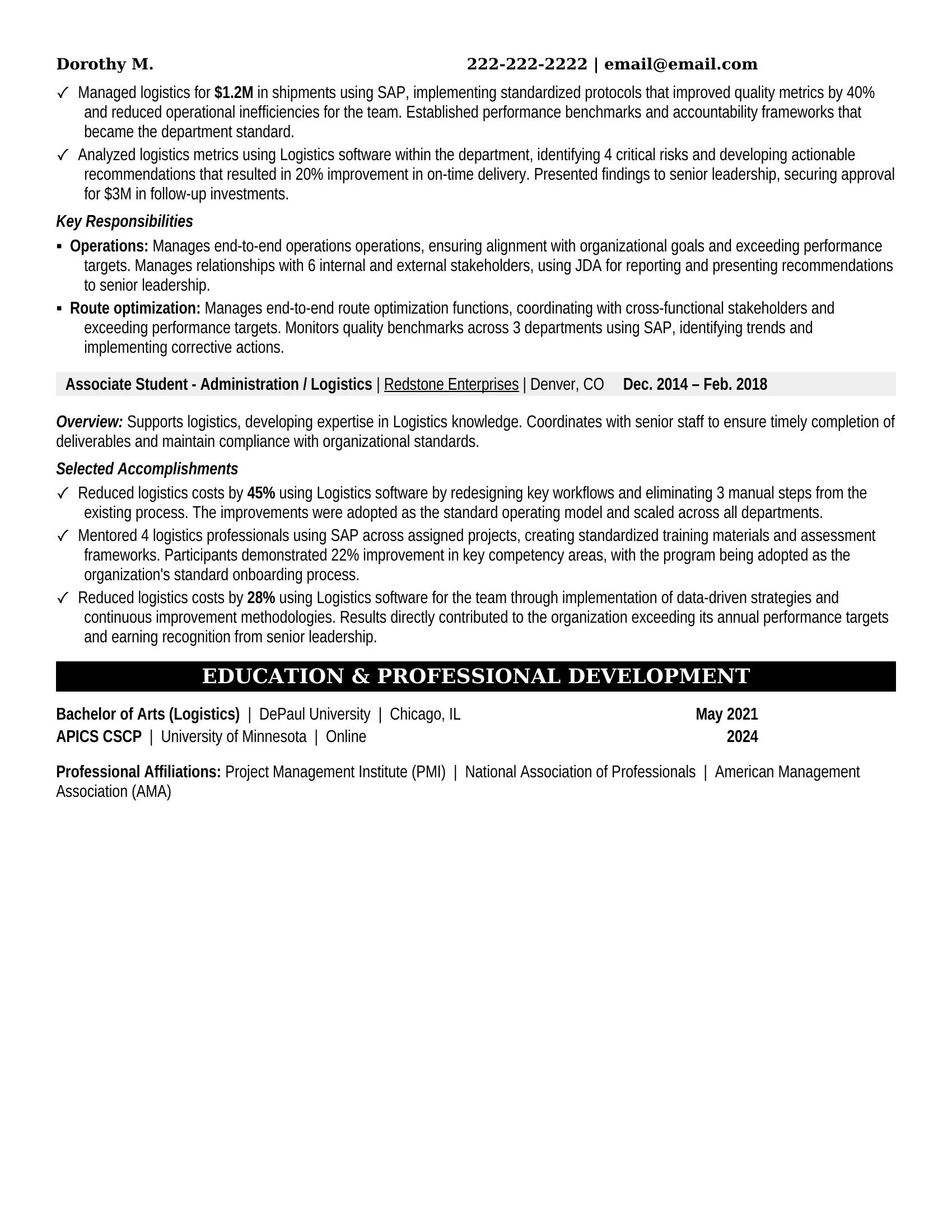 Student - Administration / Logistics Resume Example - Work Experience & Education