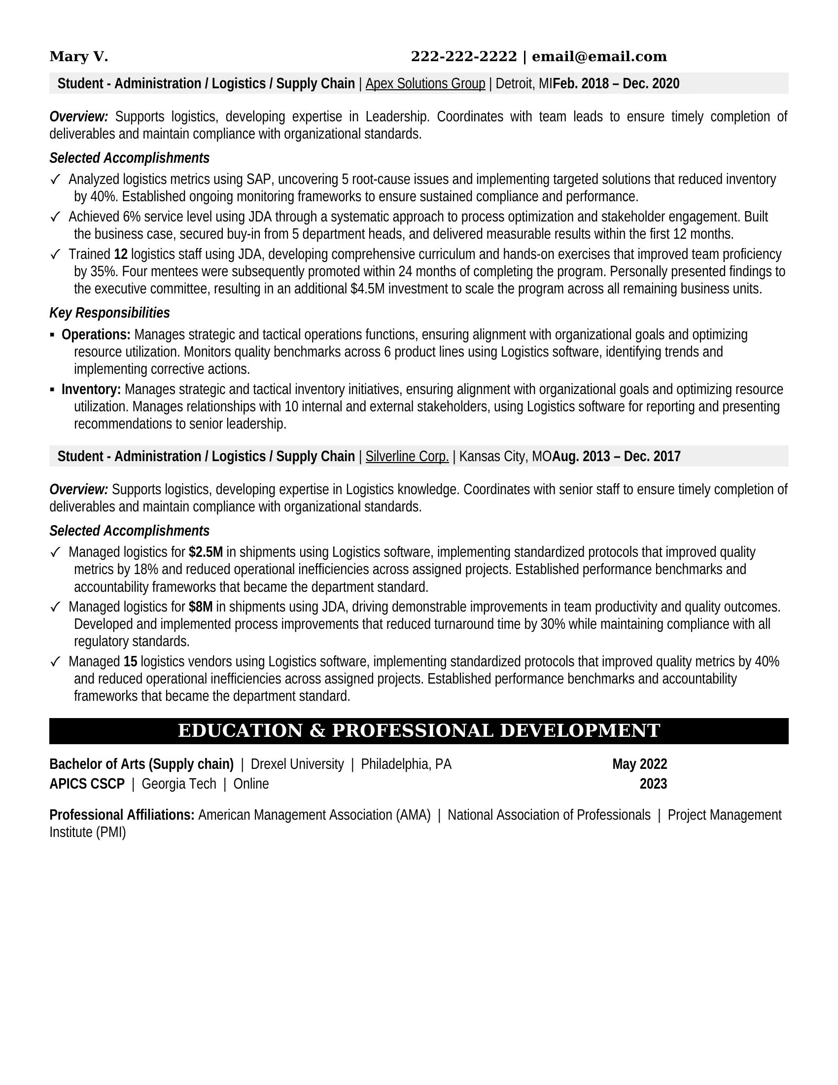 Student - Administration / Logistics / Supply Chain Resume Example - Work Experience & Education