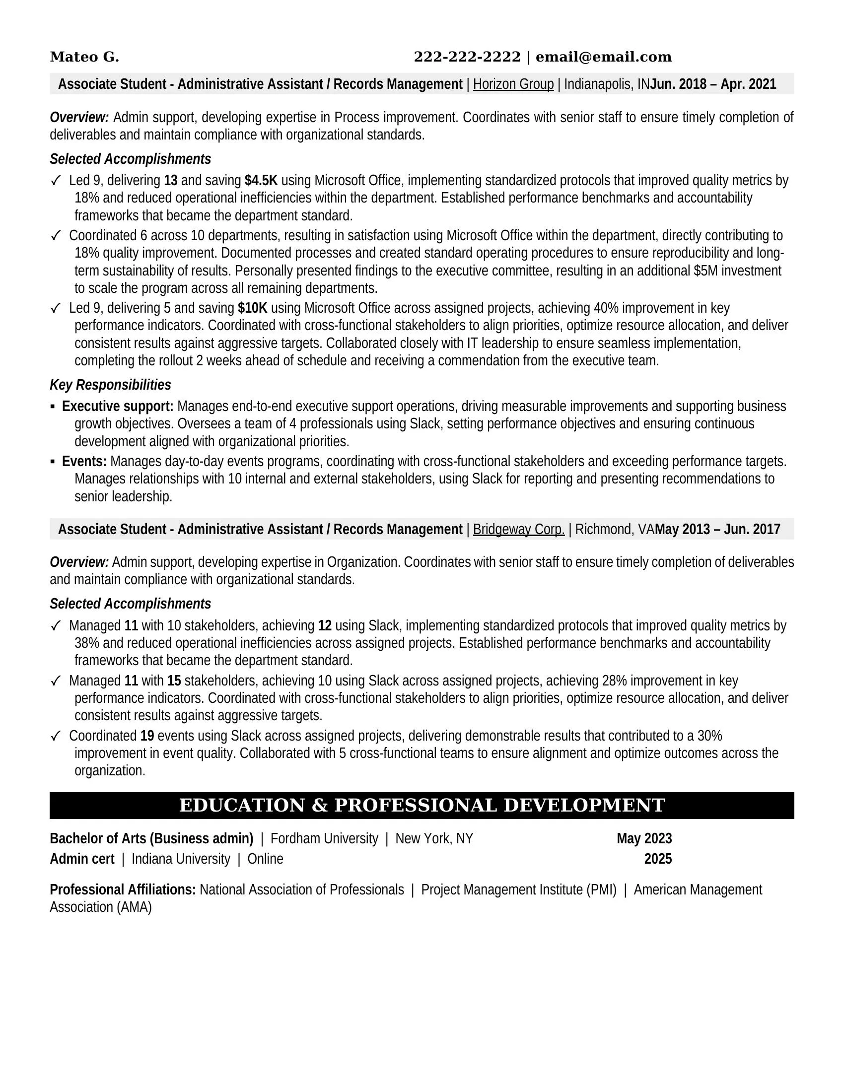 Student - Administrative Assistant / Records Management Resume Example - Work Experience & Education