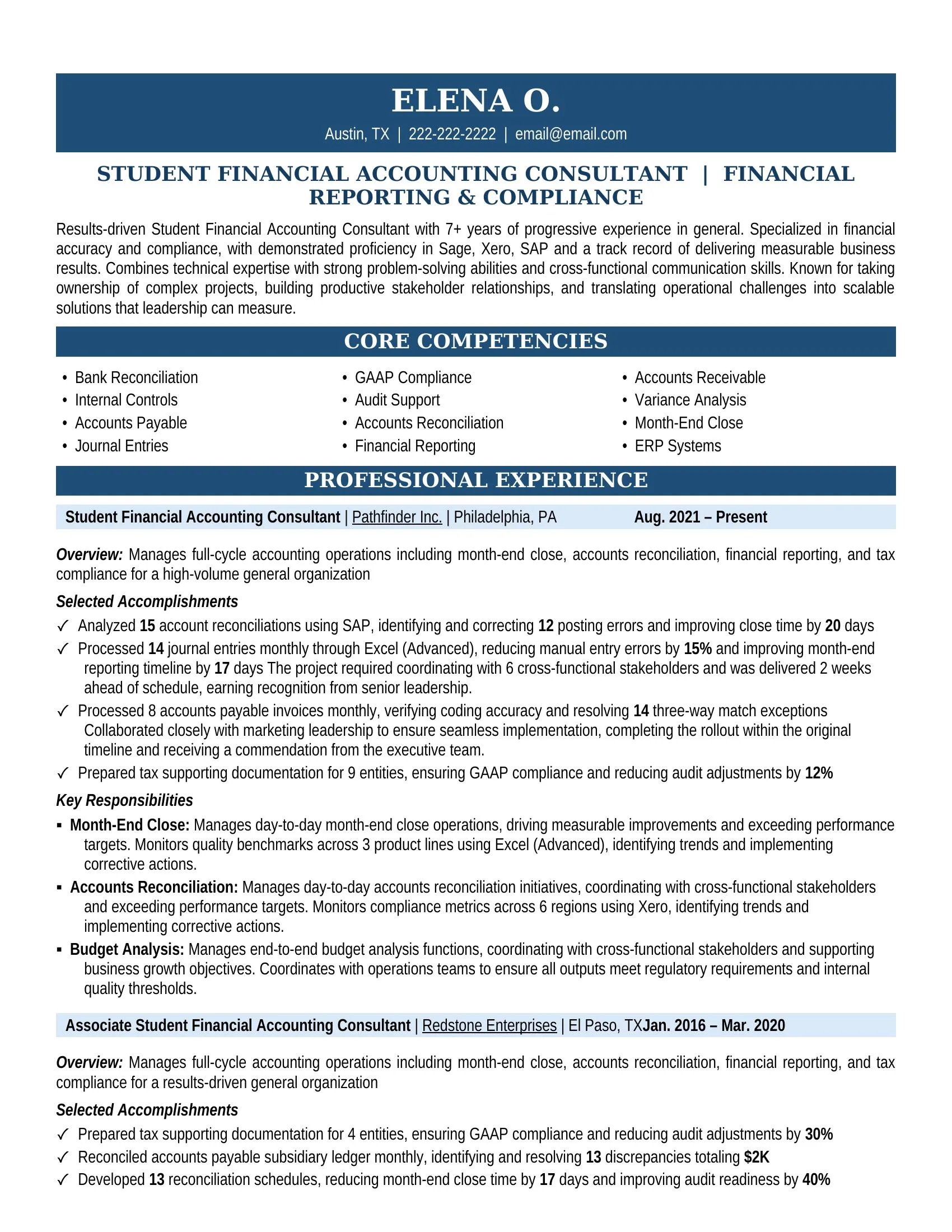 Student Financial Accounting Consultant Resume Sample - Professional Summary, Skills & Career Highlights