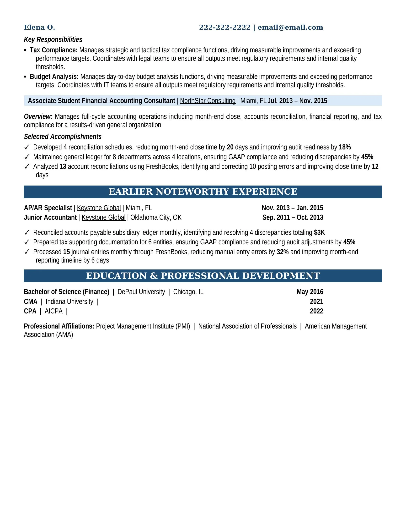 Student Financial Accounting Consultant Resume Example - Work Experience & Education
