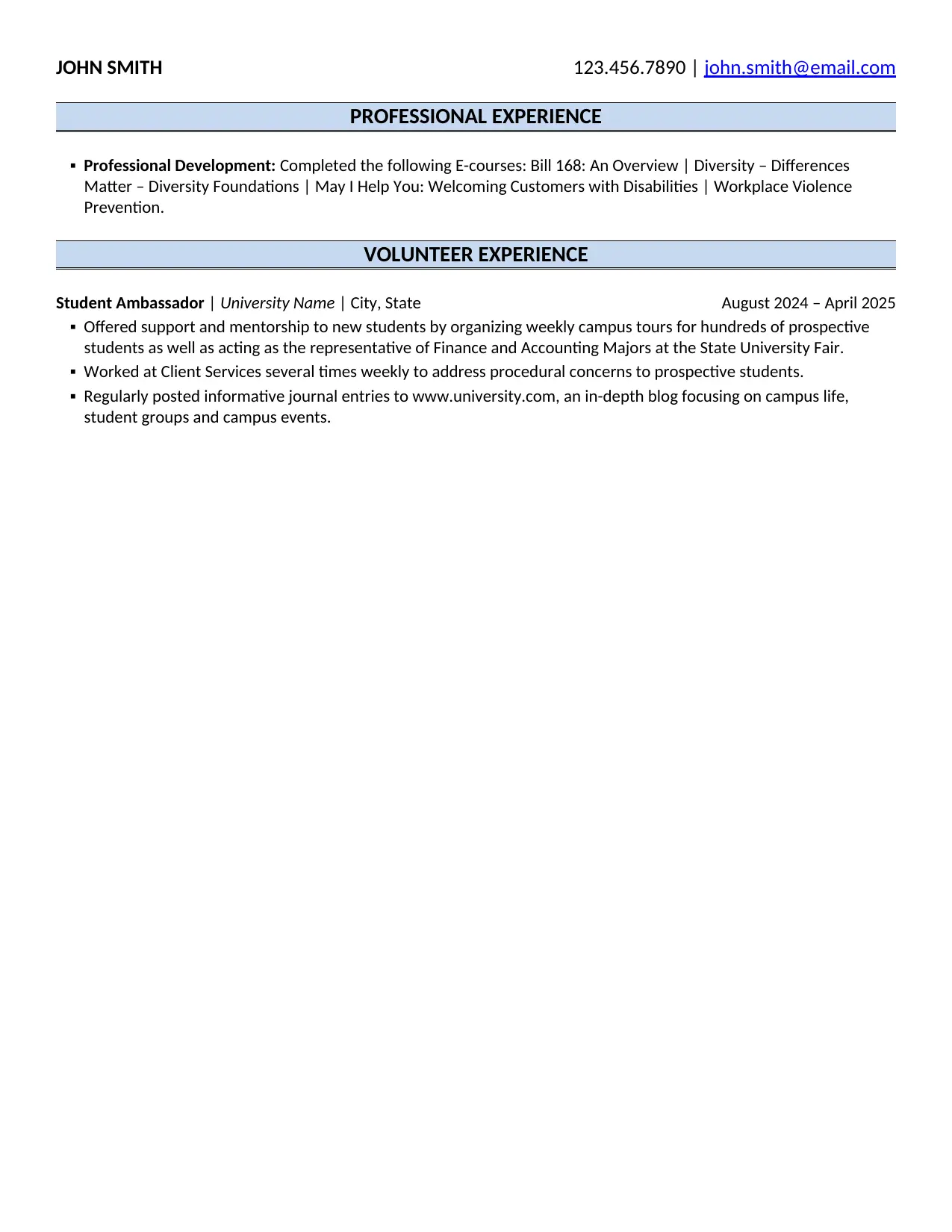 Accounting Graduate Resume Sample - Professional Experience