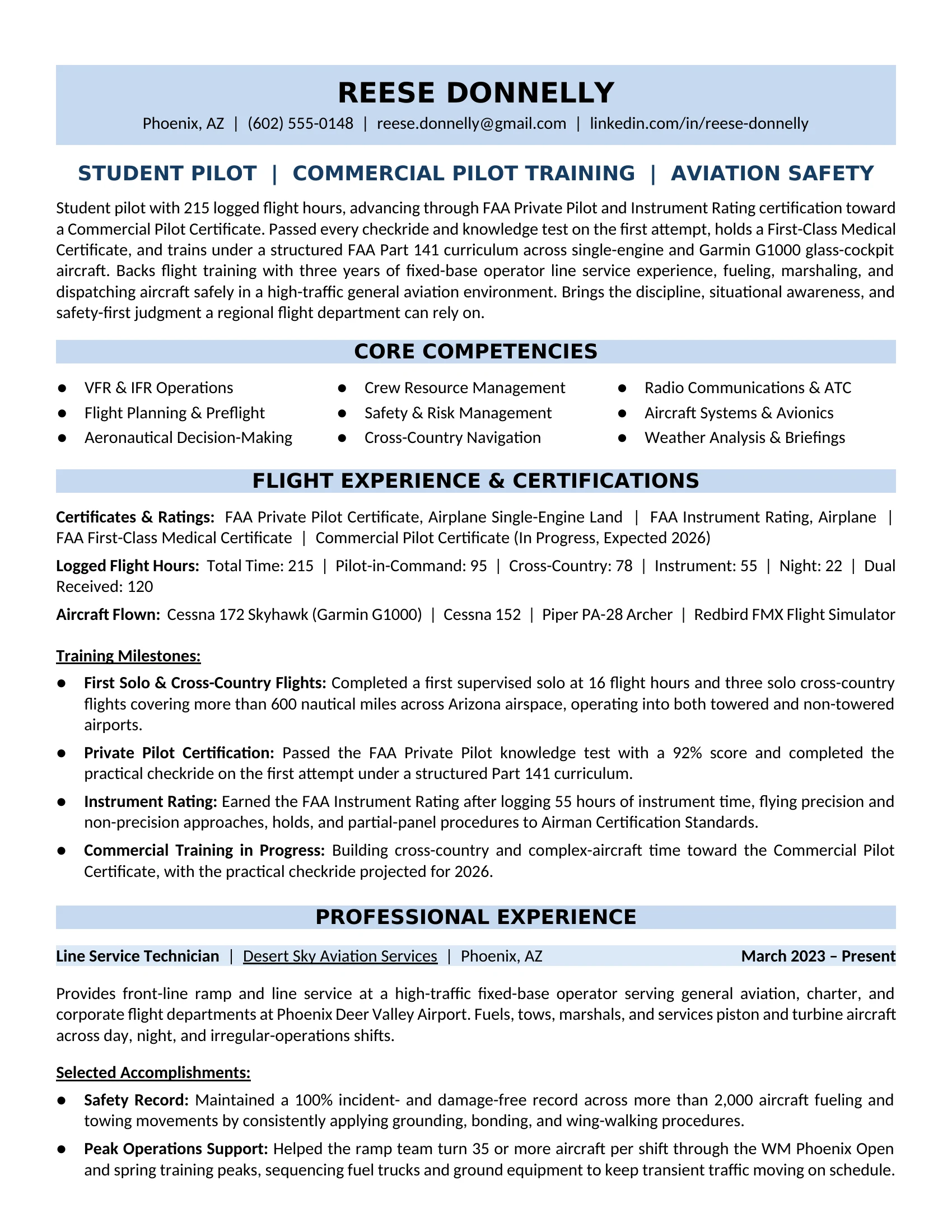 Student Pilot Resume Sample - Transportation Resume Example 2026