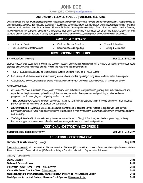 Service Advisor Resume Sample & Template