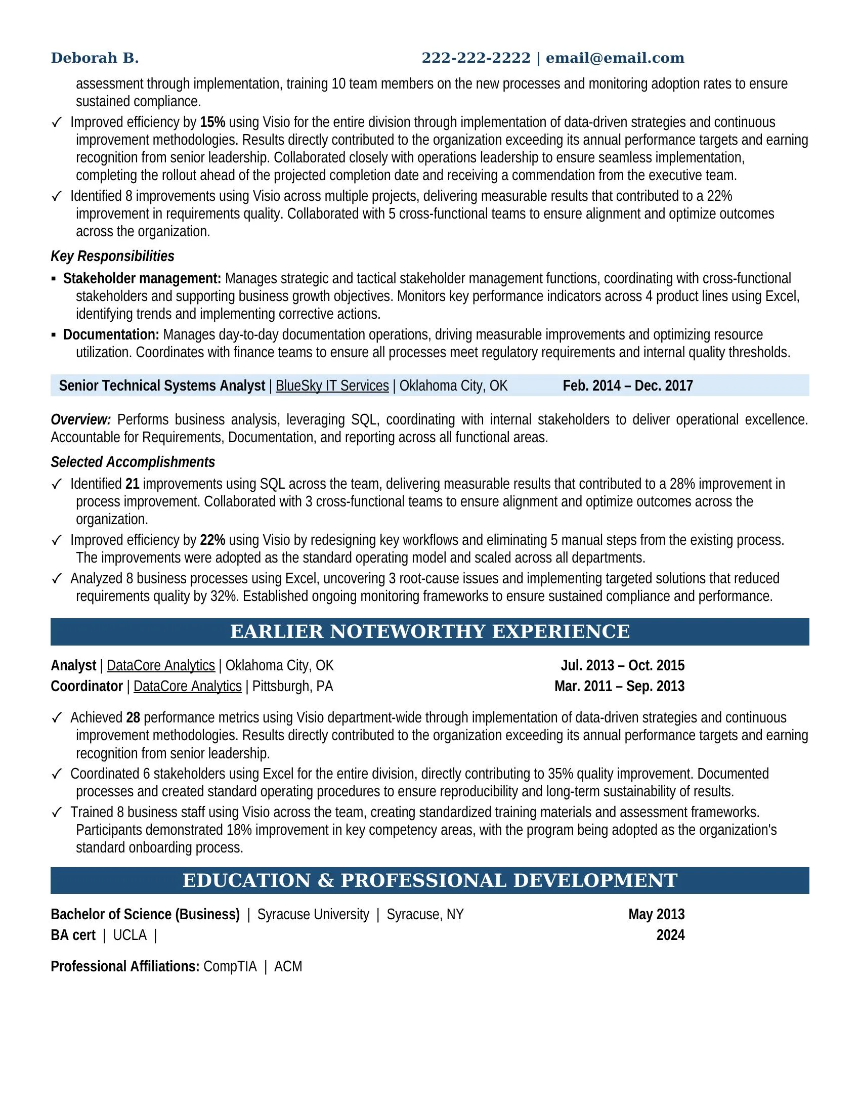 Technical Systems Analyst Resume Example - Work Experience & Education