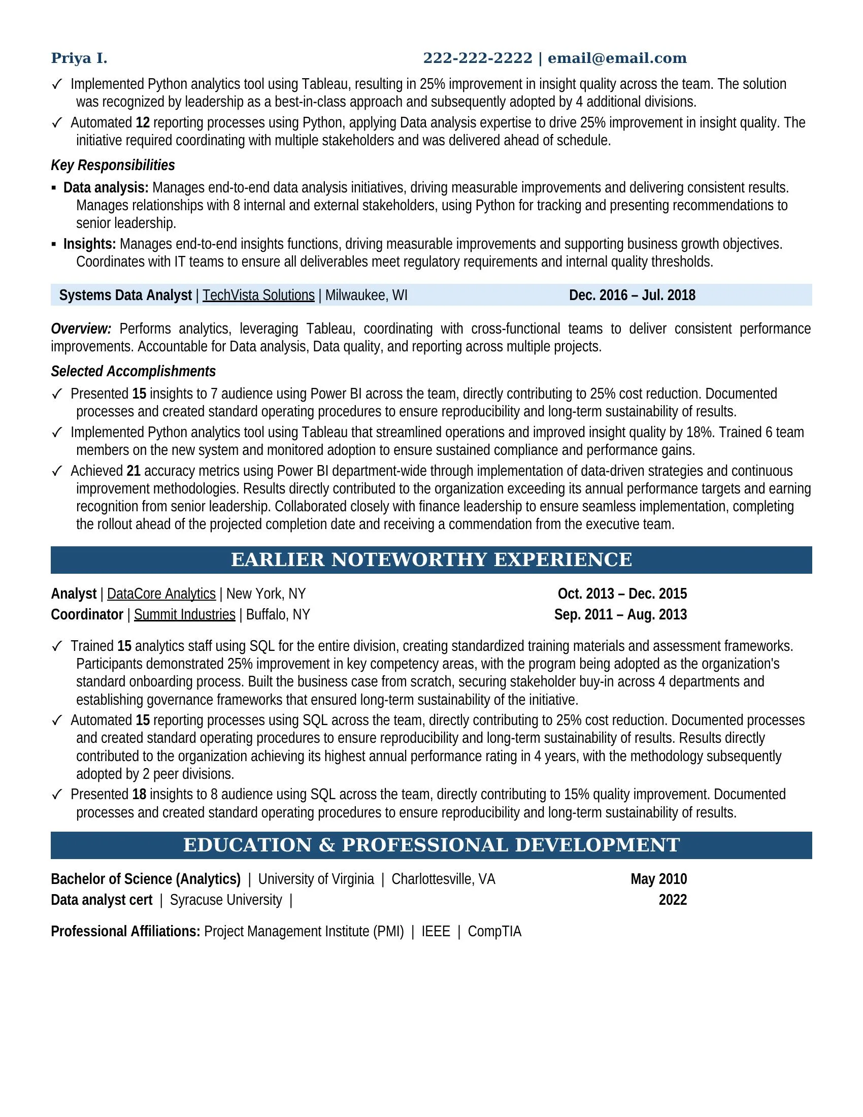 Systems Data Analyst Resume Example - Work Experience & Education