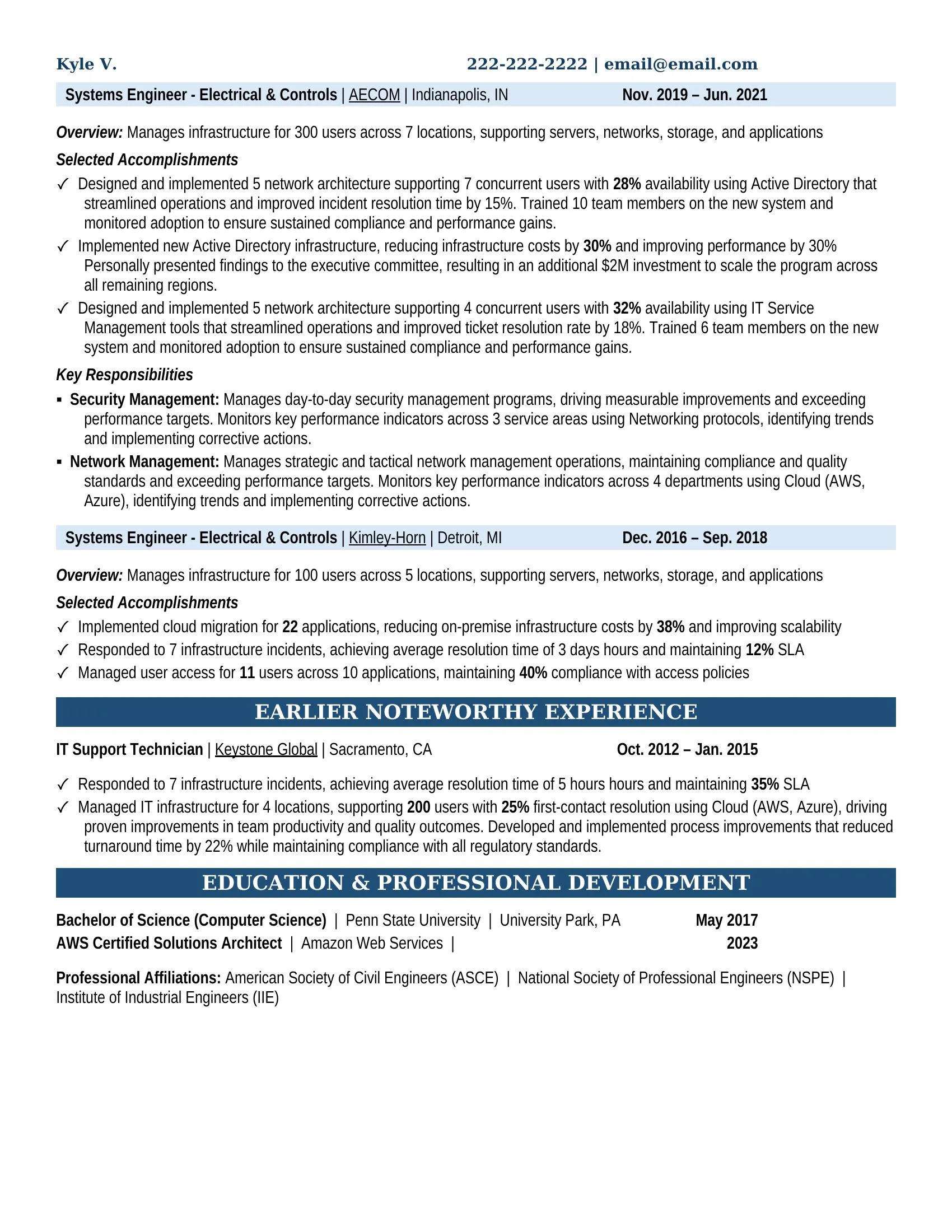 Systems Engineer - Electrical & Controls Resume Example - Work Experience & Education
