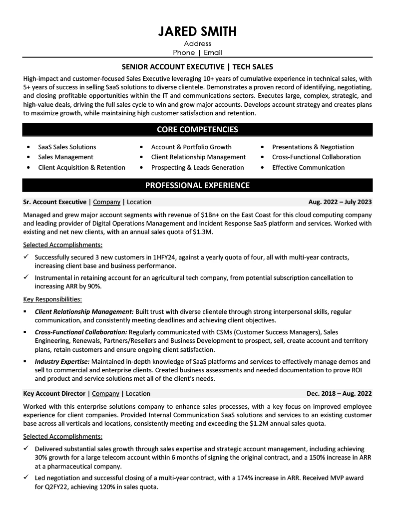 Technology Sales Professional Resume Sample - Sales Resume Example 2026