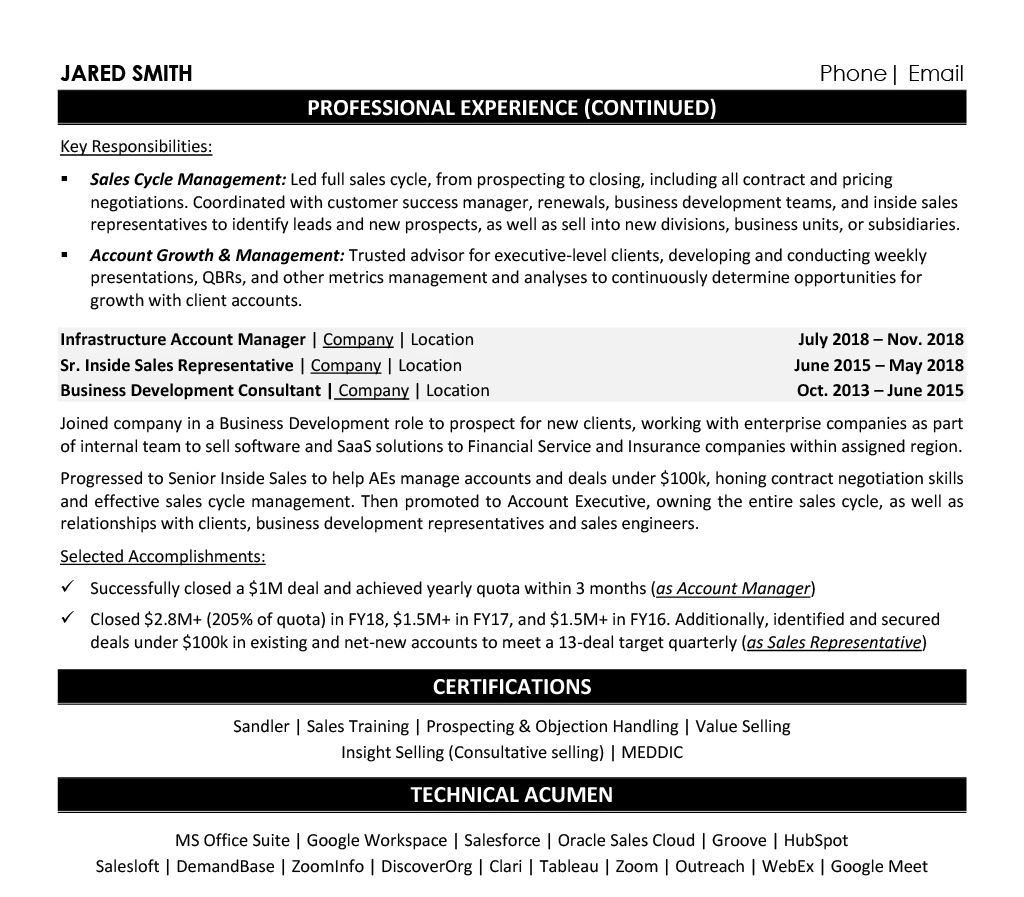 Technology Sales Professional Resume Example - Work Experience & Education