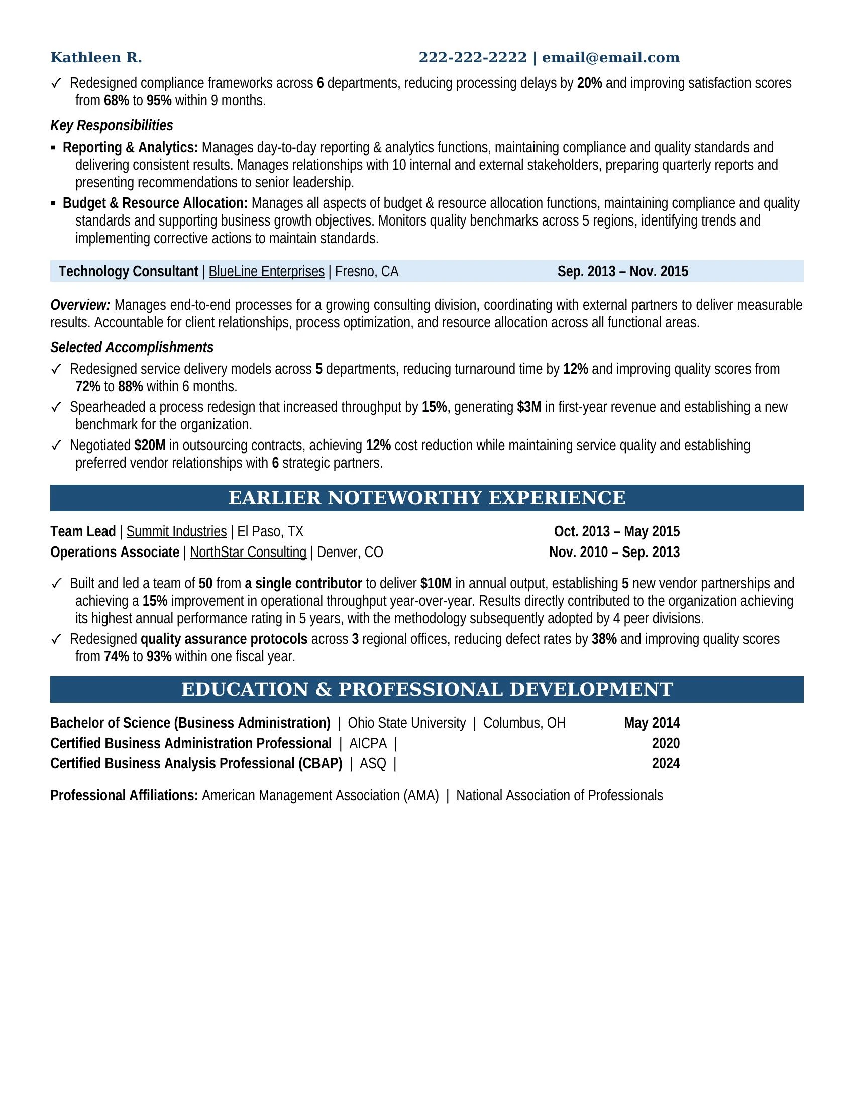 Technology Consultant Resume Example - Work Experience & Education