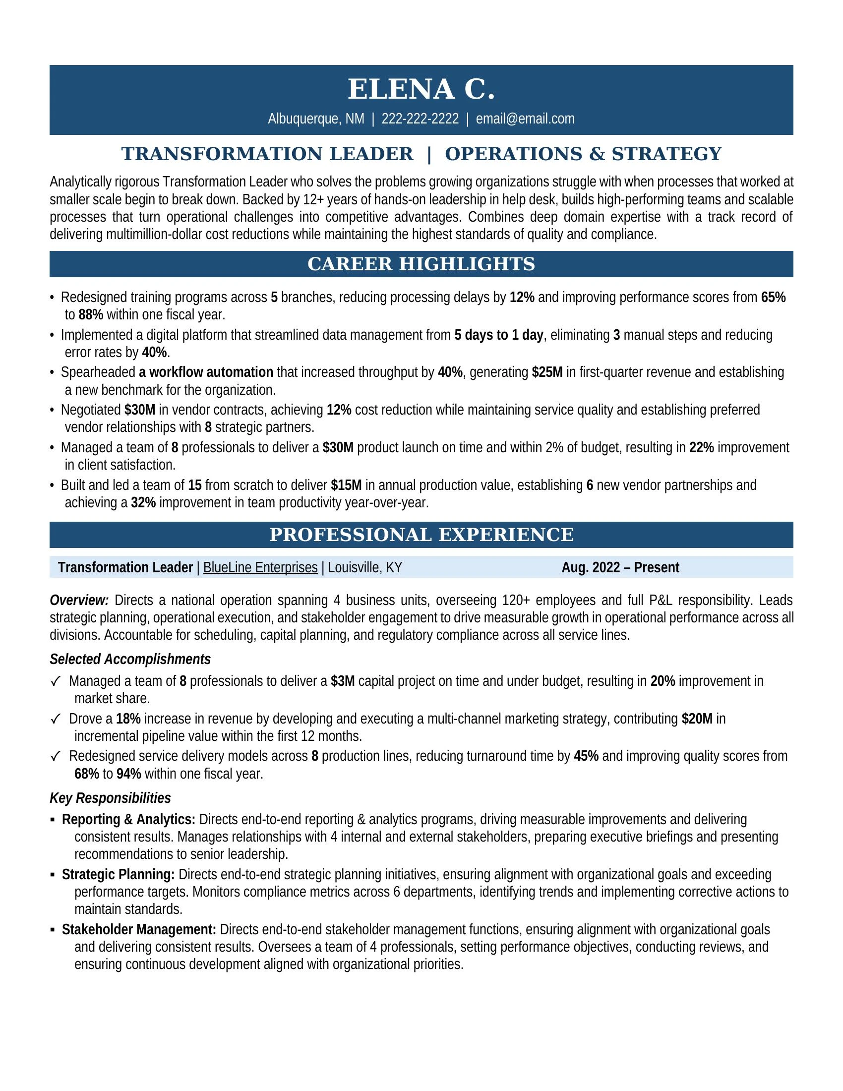 Transformation Leader Resume Sample