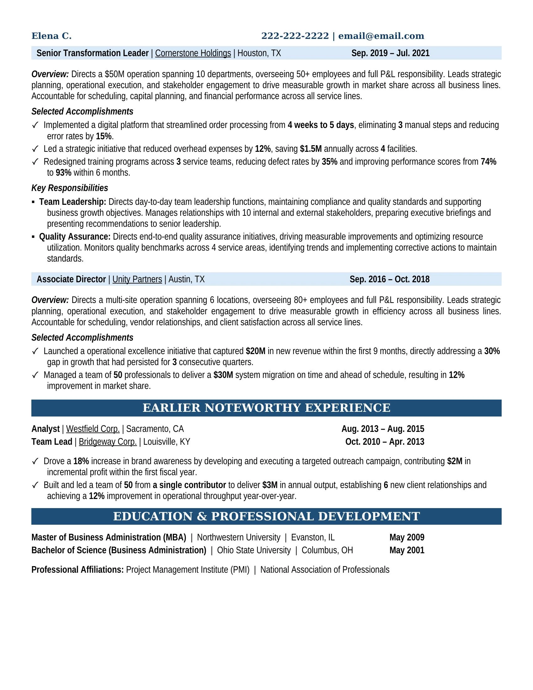 Transformation Leader Resume Example - Work Experience & Education