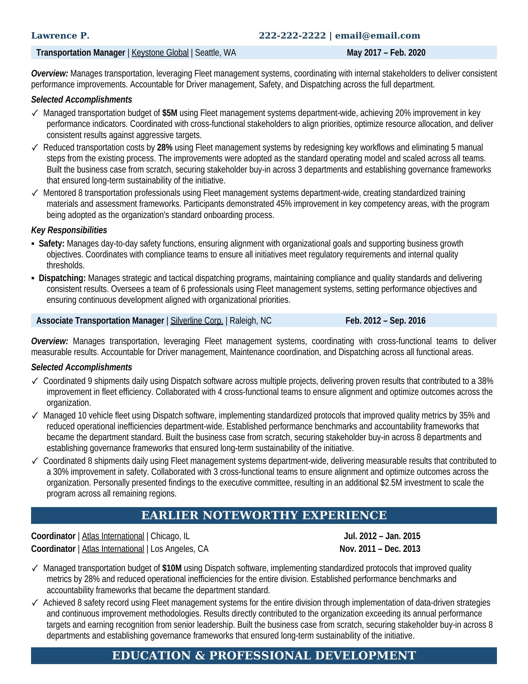 Transportation Manager Resume Example - Work Experience & Education