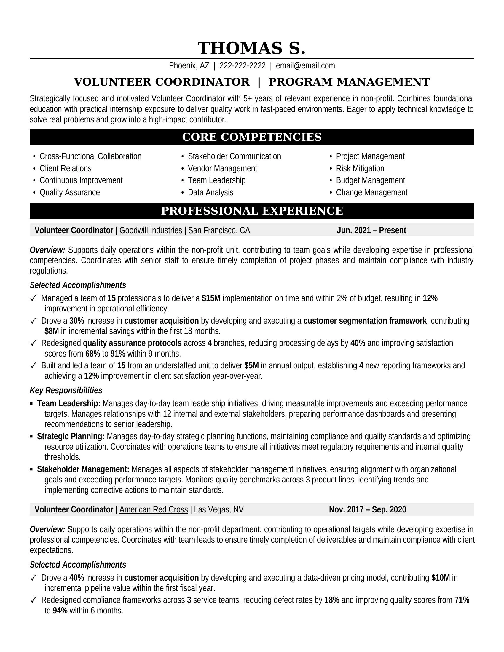Volunteer Coordinator Resume Sample - Non Profit Resume Example 2026