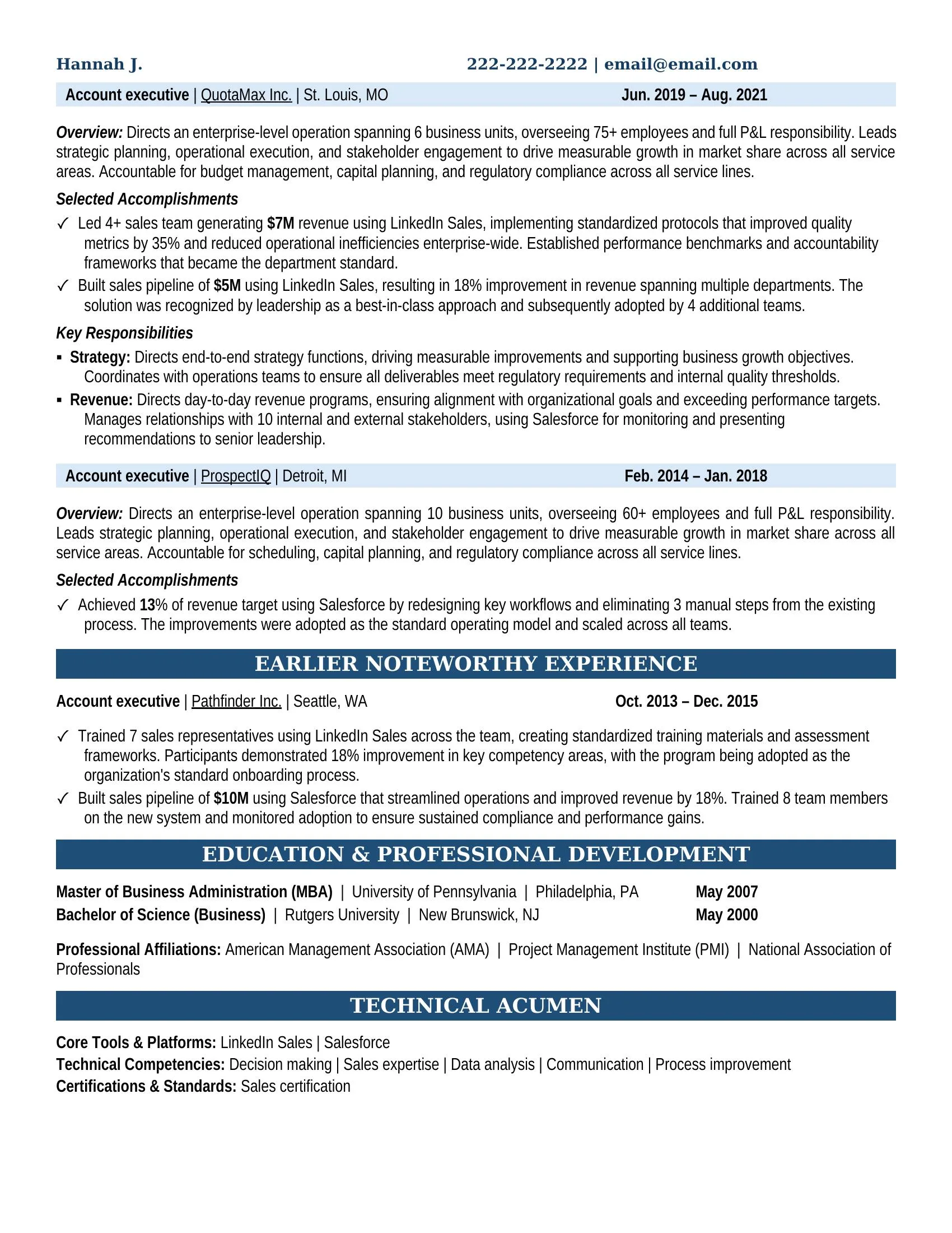 VP/Director Sales & Business Development Resume Example - Work Experience & Education
