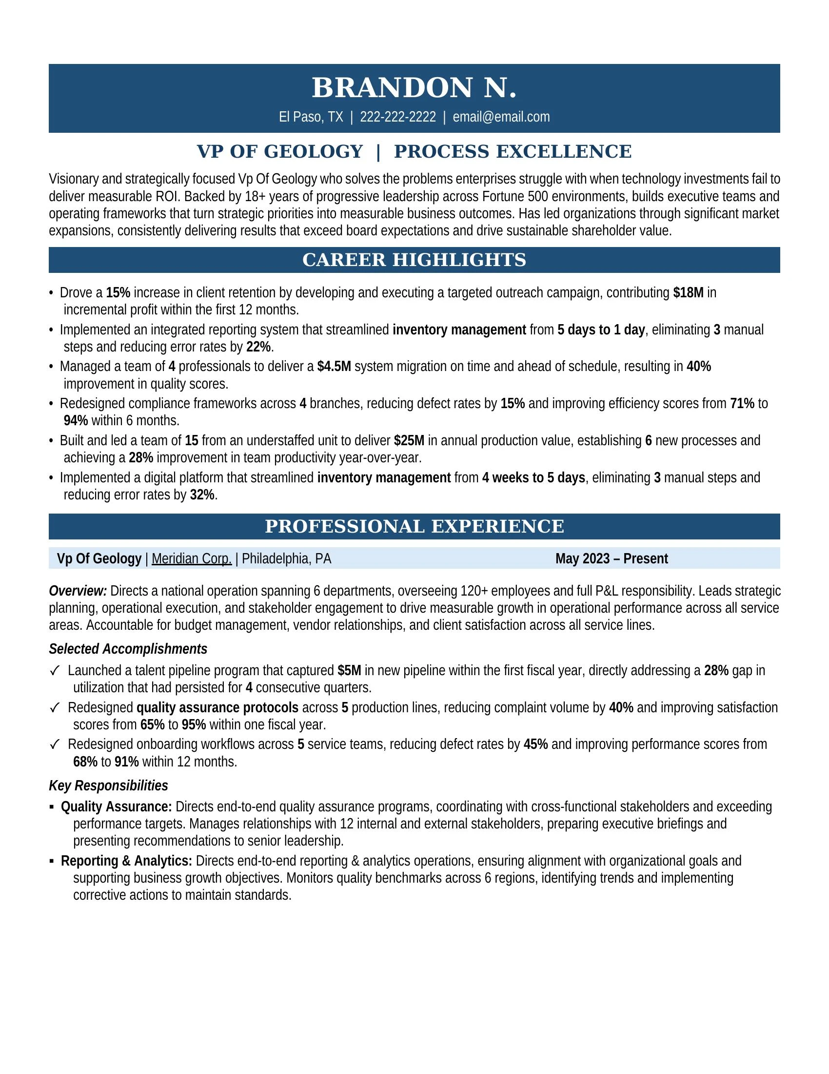 VP Of Geology Resume Sample - Geology Resume Example 2026