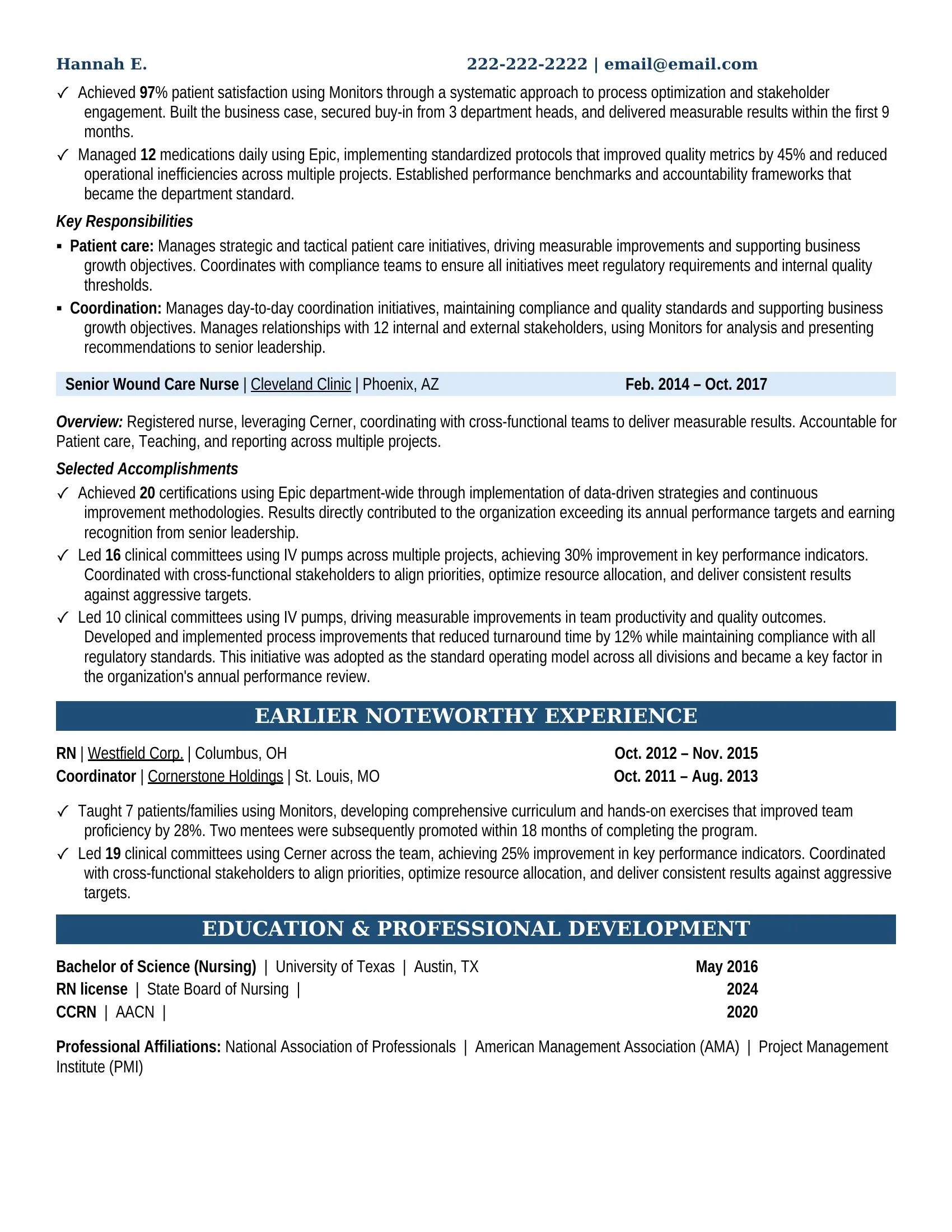 Wound Care Nurse Resume Example - Work Experience & Education