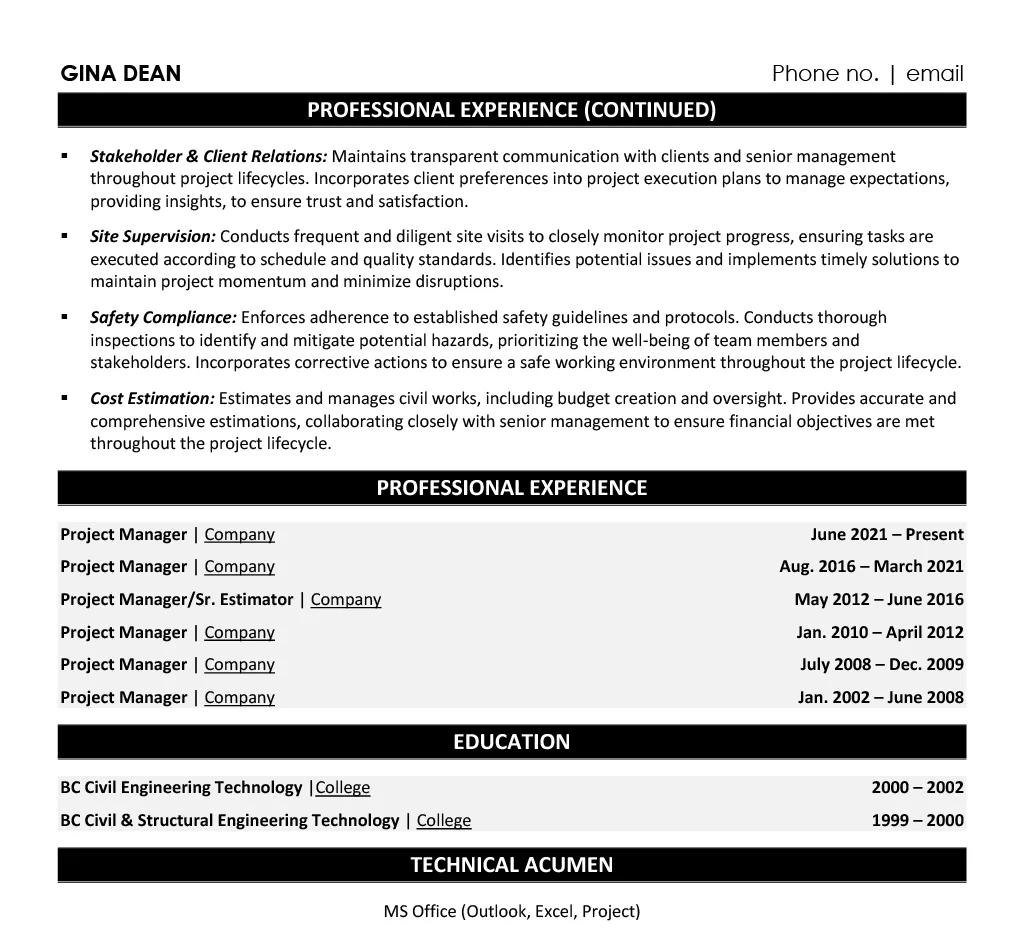 Construction Manager Resume Example - Work Experience & Education Section