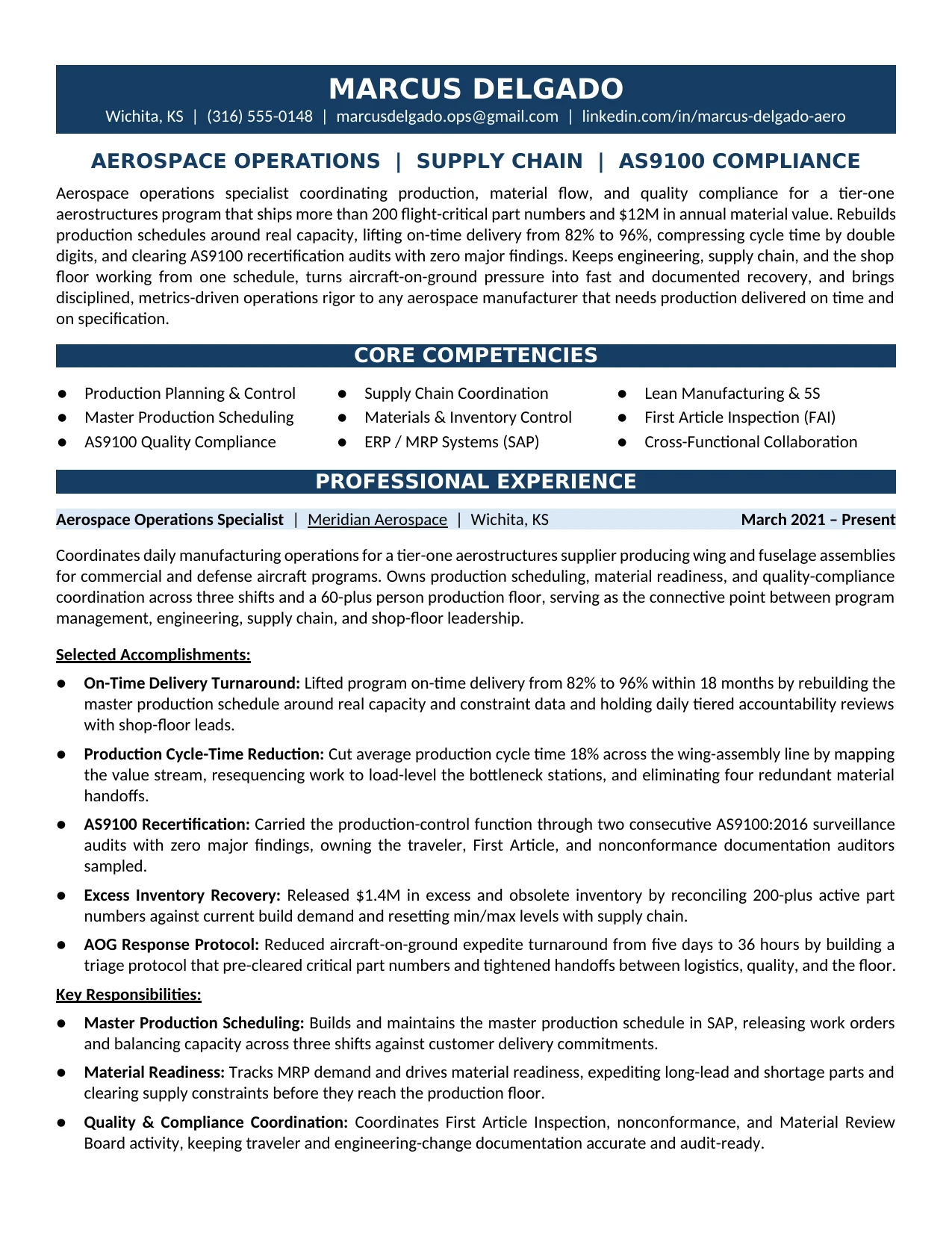 Aerospace Operations Specialist Resume Sample - Aerospace Operations, Production Control, AS9100 Compliance