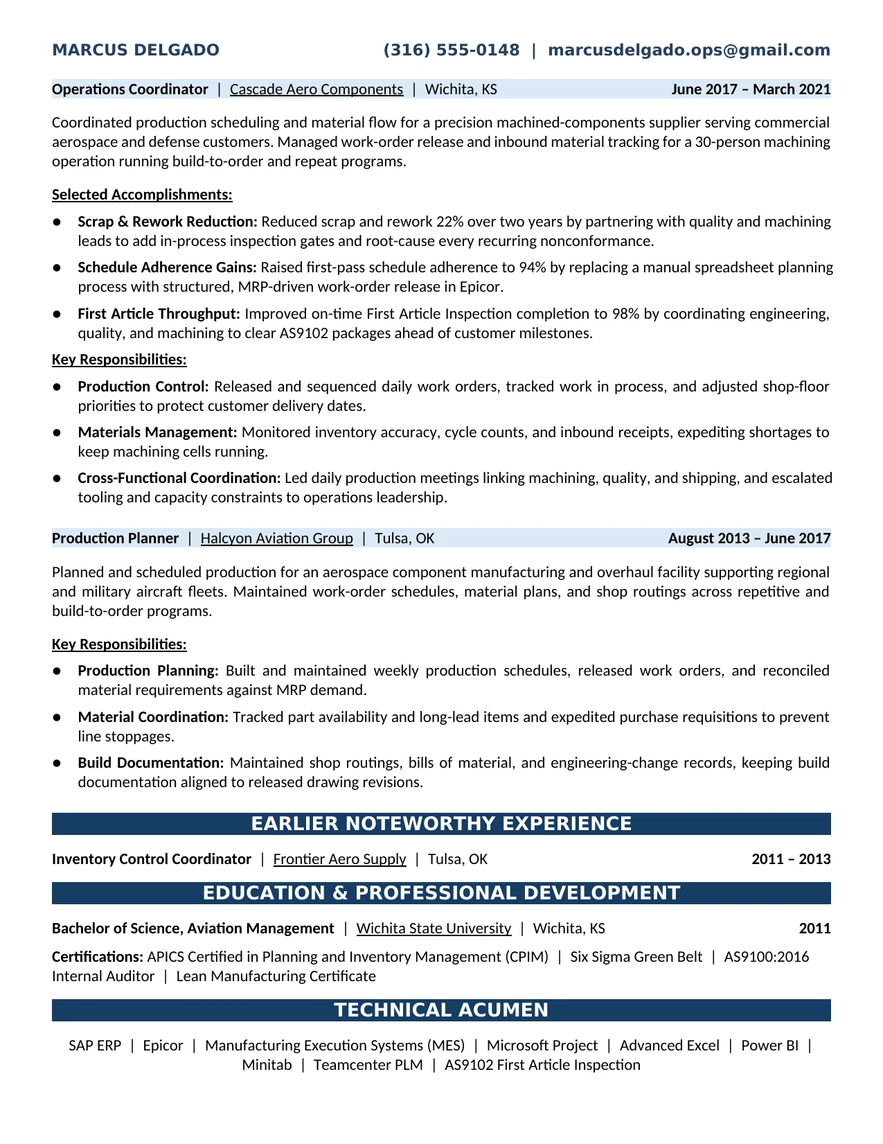 Aerospace Operations Specialist Resume Example - Production Planning Experience, Education, Certifications