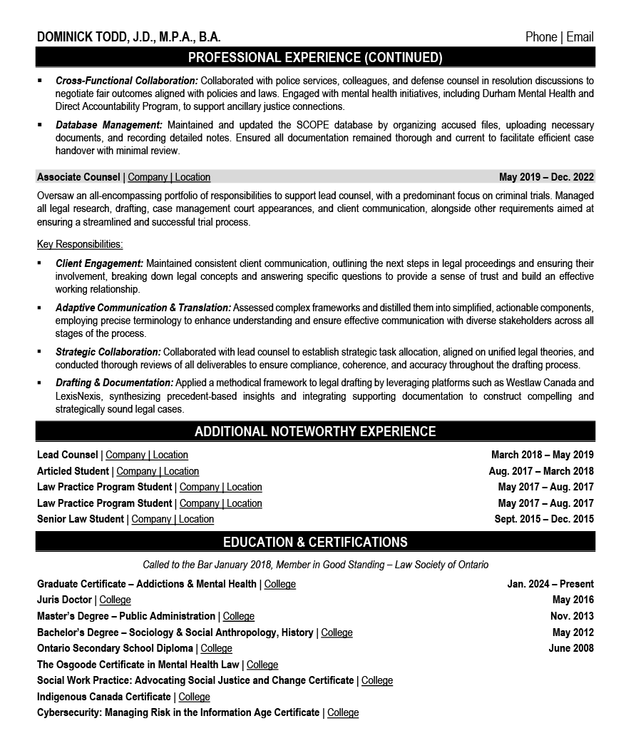 Crown Attorney Resume Example - Associate Counsel Experience and Education