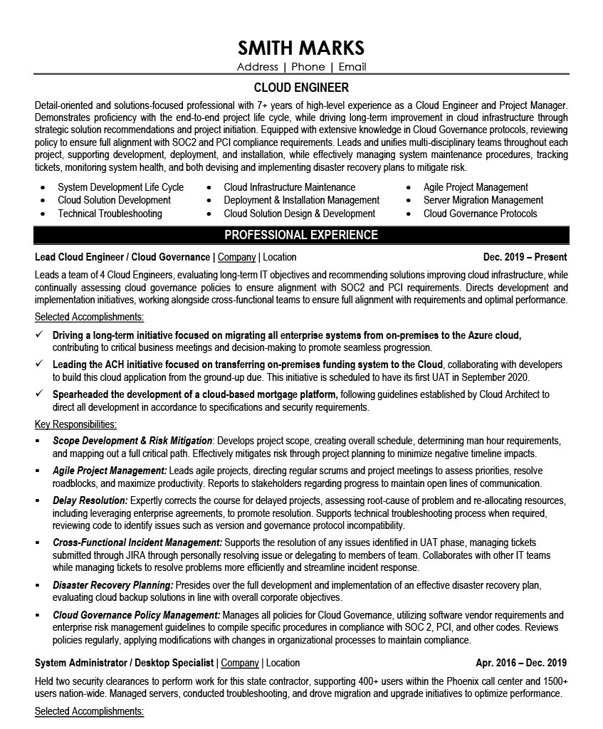 Cloud Engineer Resume Sample - Engineering Resume Example 2026