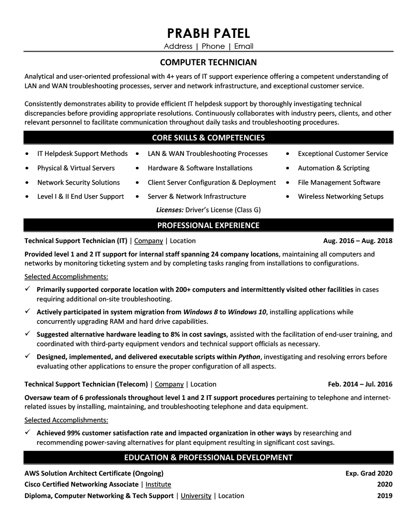 Computer Technician Resume Sample - Information Technology Resume Example