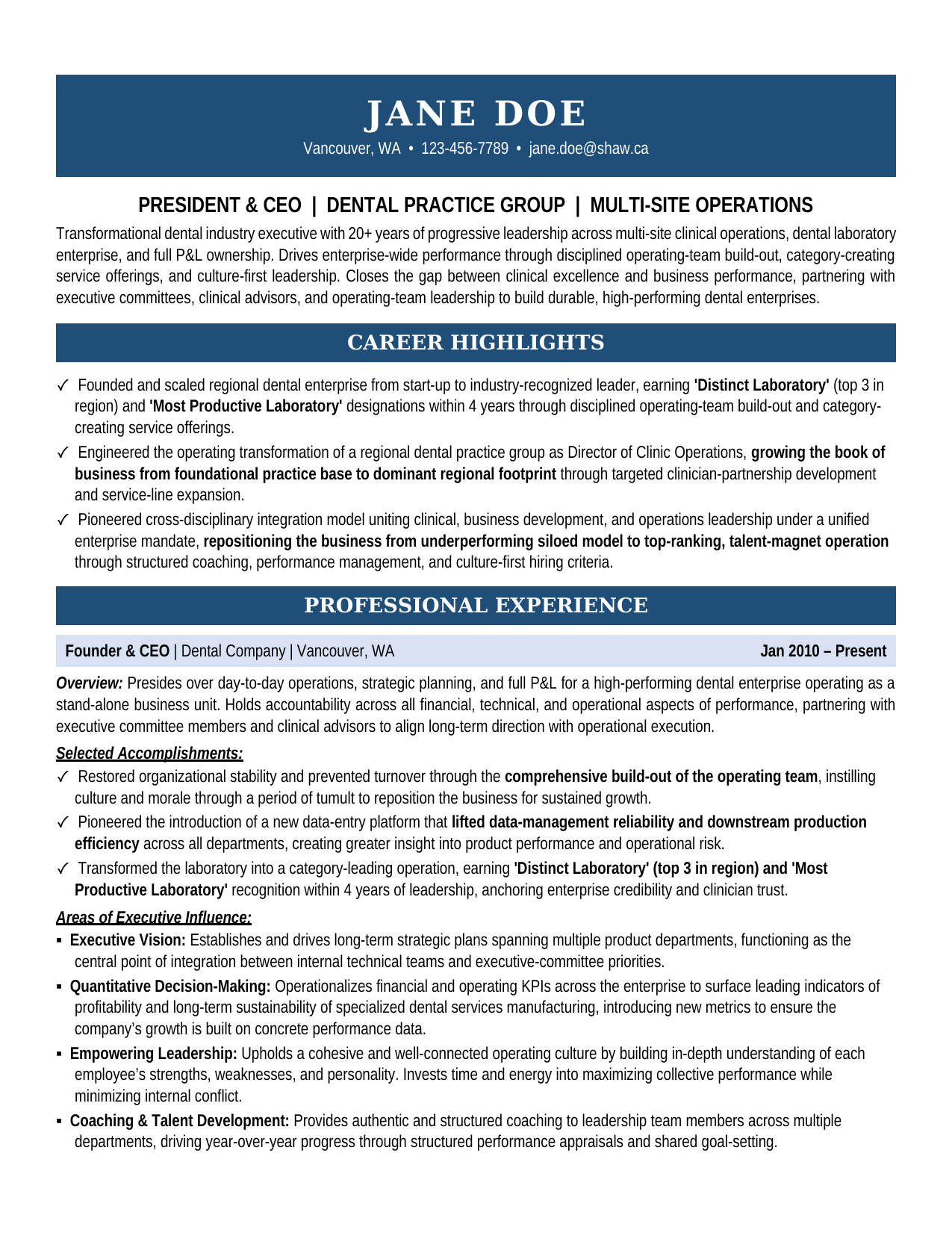 Dental Laboratory CEO Resume Sample - Professional dental resume example