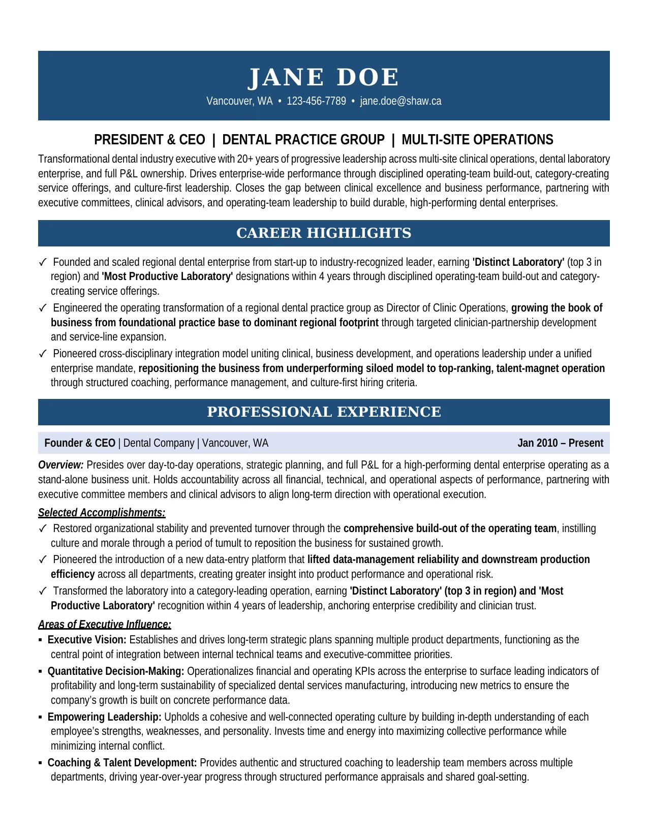 Dental Laboratory CEO Resume Sample - Dental Resume Example 2026