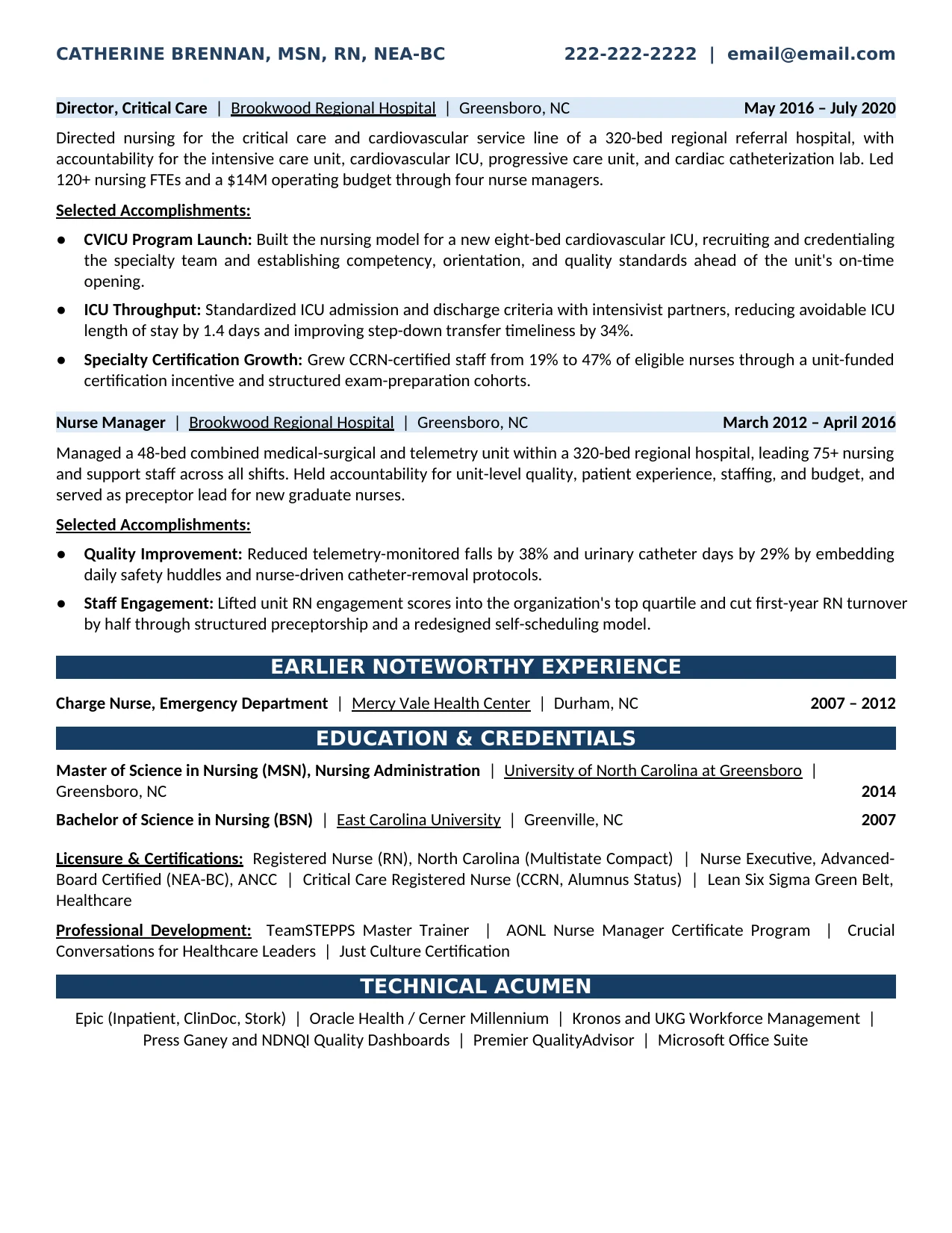 Director of Nursing Resume Example - Critical Care Leadership, Education, Nursing Credentials