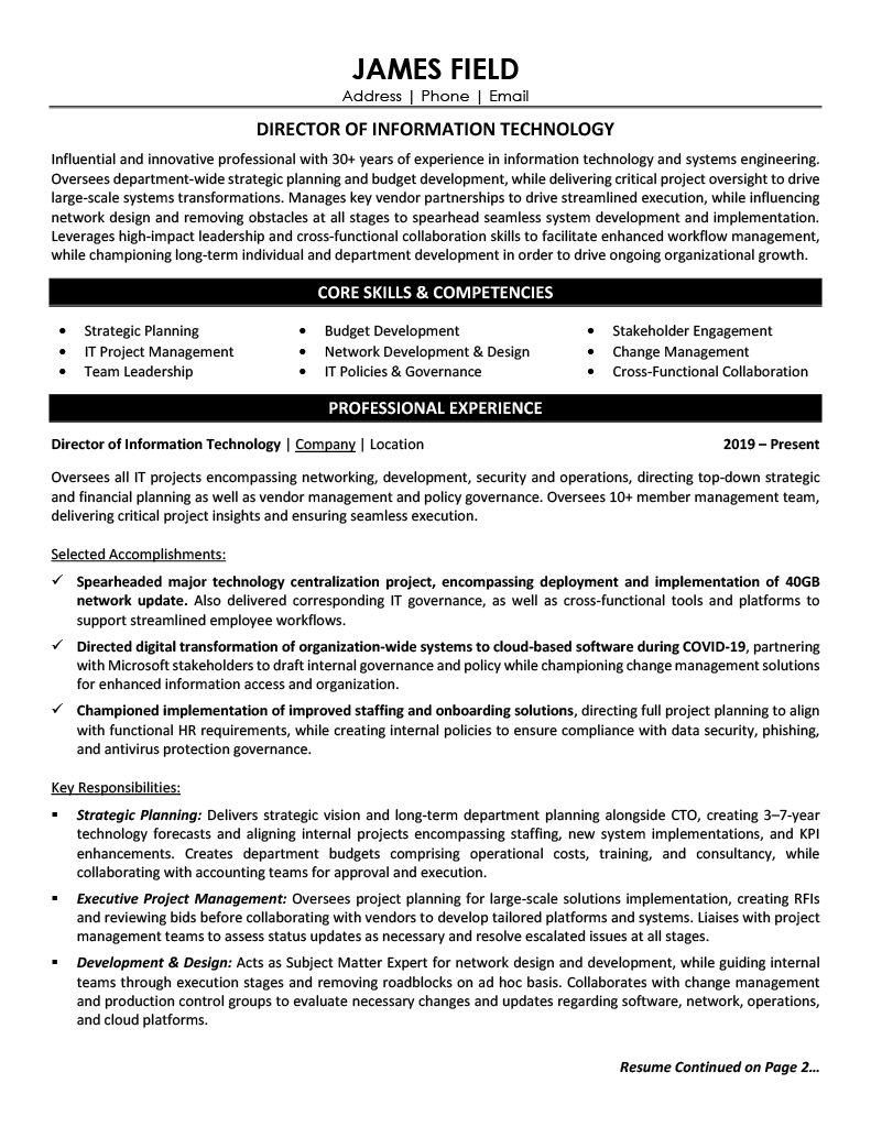IT Director Resume Sample - Information Technology Resume Example 2026