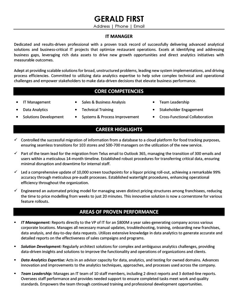 IT Manager Resume Sample - Information Technology Resume Example 2026