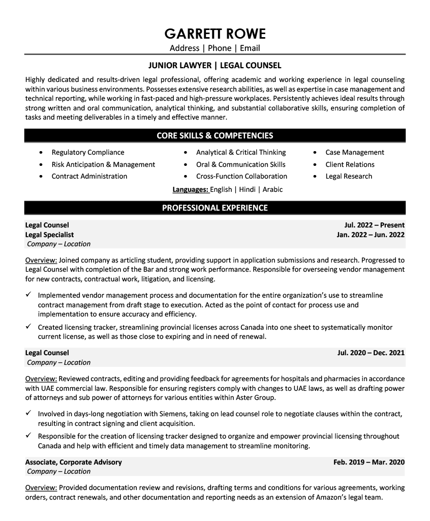 Legal Counsel Resume Sample - Legal Resume Example 2026