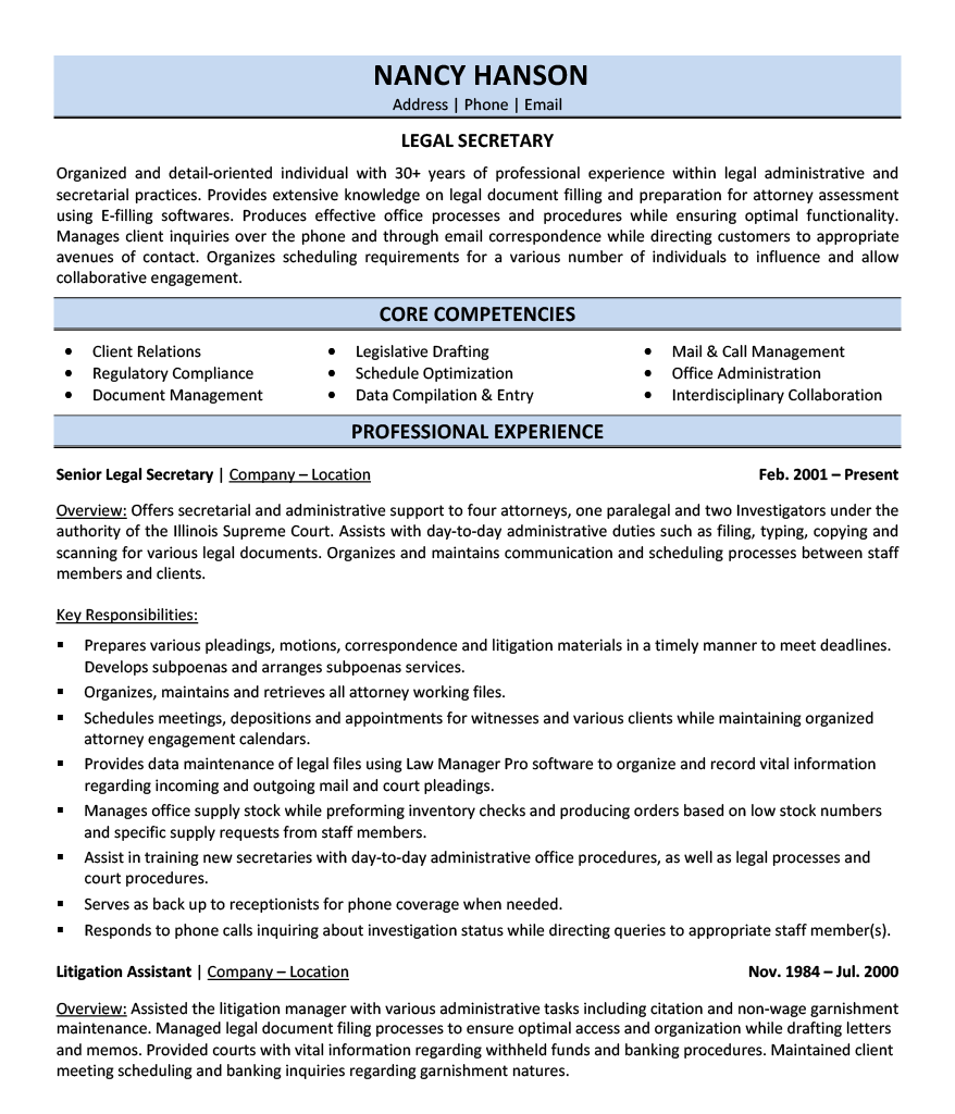 Legal Secretary Resume Sample - Administrative Resume Example 2026