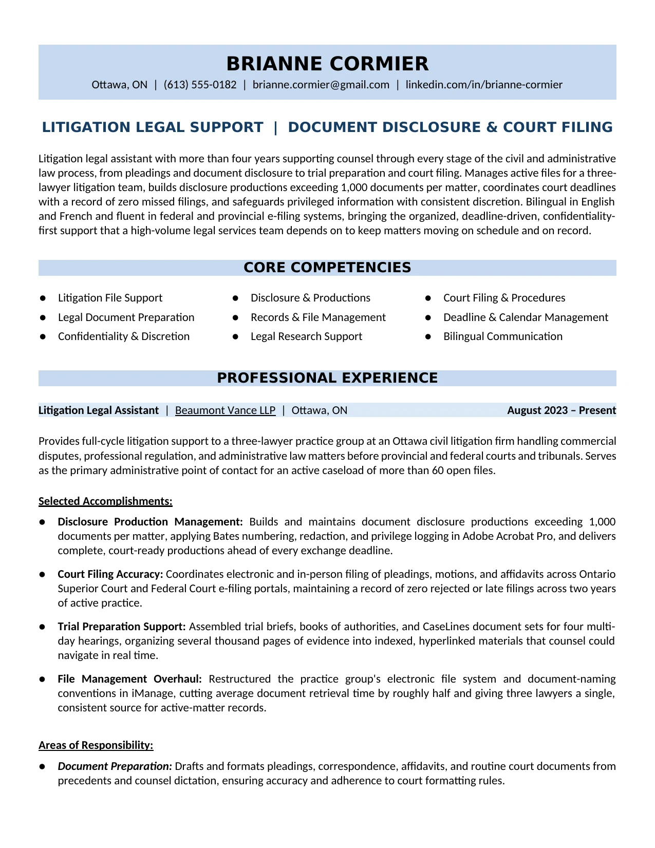 Litigation Legal Assistant Resume Sample - Legal Resume Example 2026