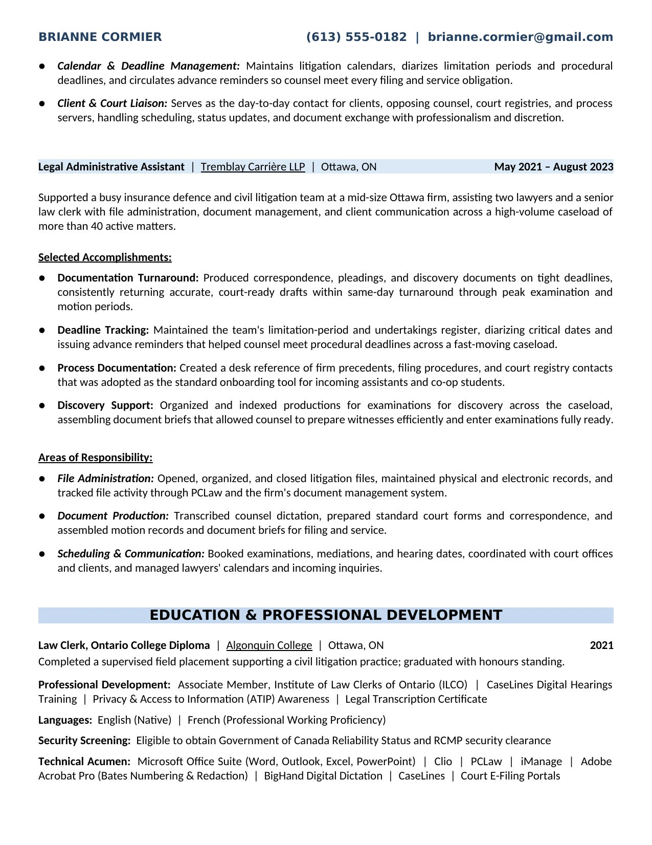 Litigation Legal Assistant Resume Example - Litigation Support Experience, Education, Technical Acumen