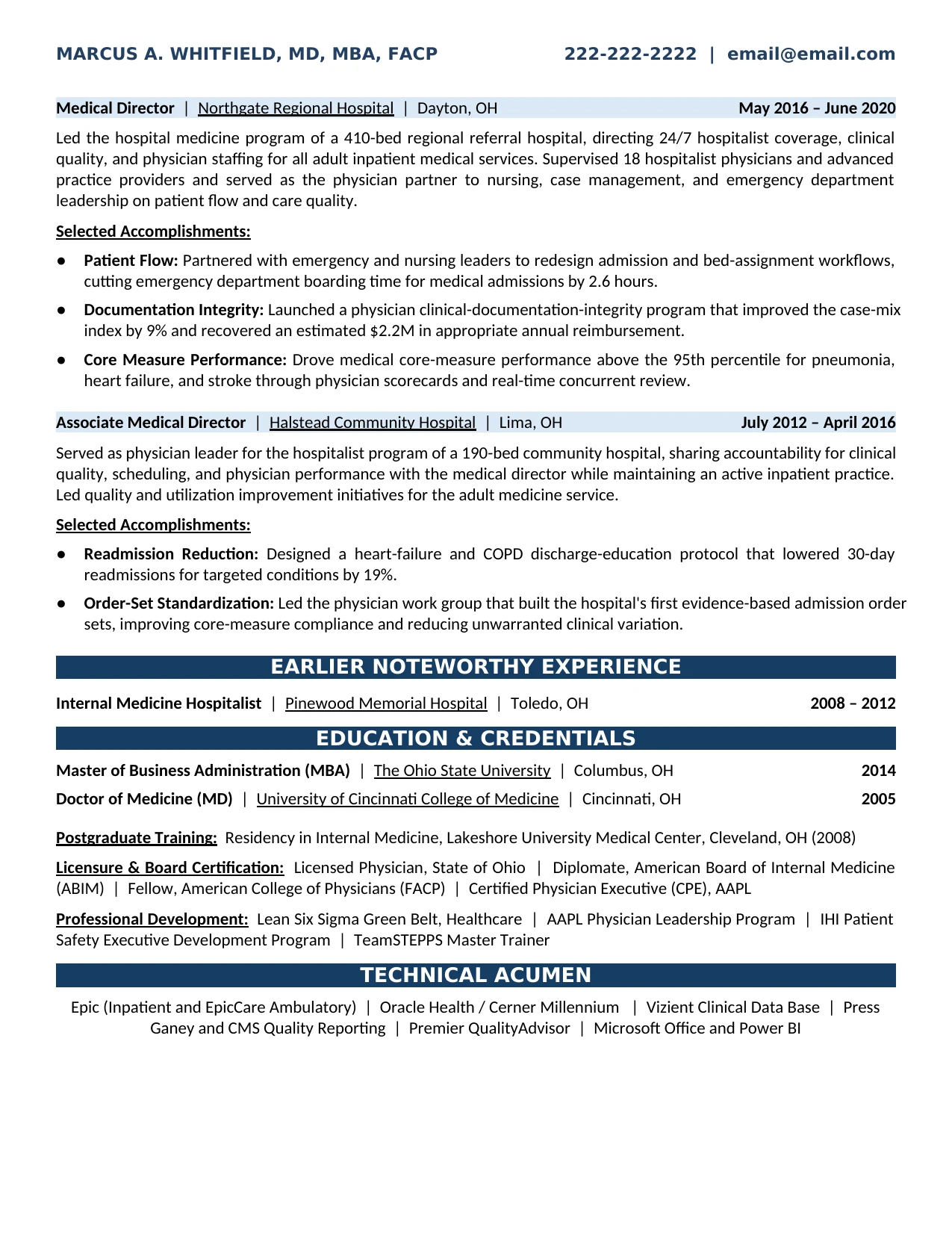 Medical Program Director Resume Example - Medical Director Experience, Education, Physician Credentials