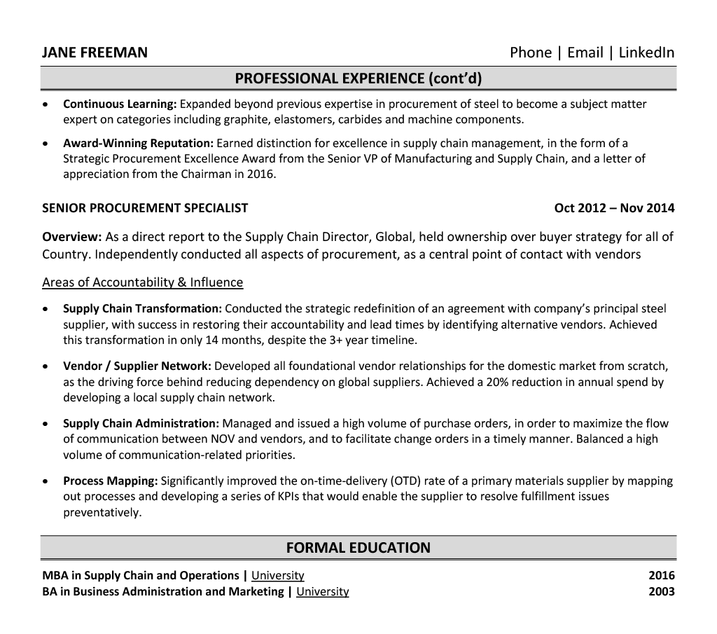 Procurement Manager Resume Example - Supply Chain Transformation and MBA Education
