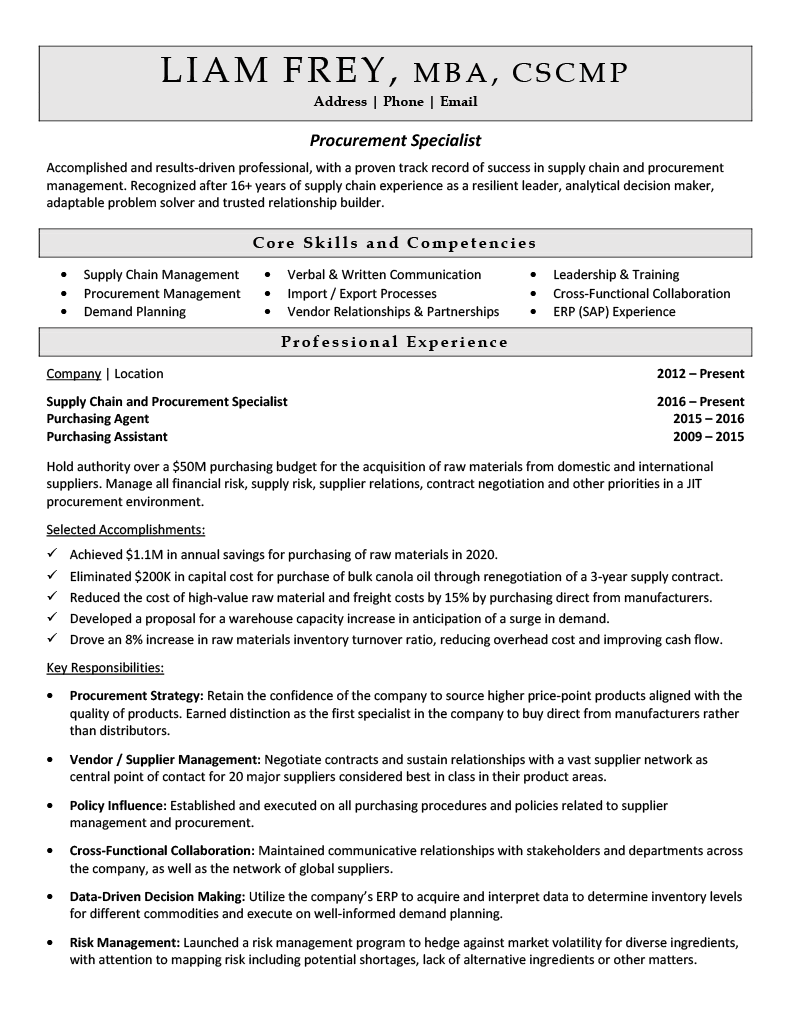 Procurement Specialist Resume Sample