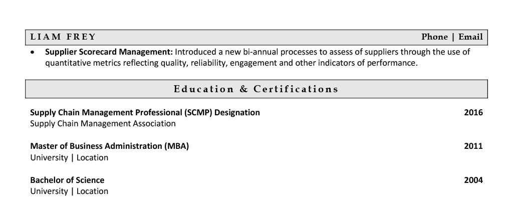 Procurement Specialist Resume Example - MBA and SCMP Certifications