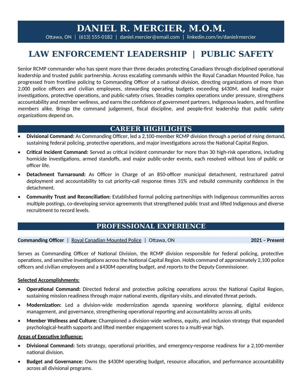 RCMP Commanding Officer Resume Sample - Government Resume Example 2026