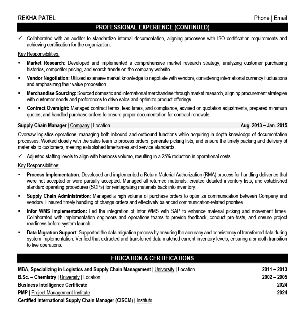 Supply Chain Director Resume Example - MBA and PMP Certified Professional