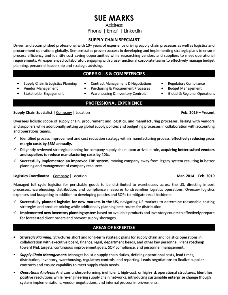 Supply Chain Specialist Resume Sample - Supply Chain Resume Example 2026