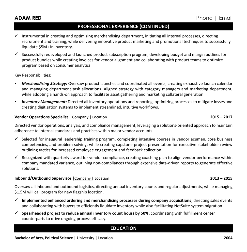Vendor Manager Resume Example - Merchandising and Inventory Management